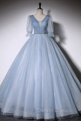 Blue V-Neck Tulle Long Prom Dresses, A-Line Formal Evening Dresses