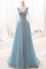 Blue V-Neck Tulle Long Prom Dress, A-Line Spaghetti Strap Evening Dress