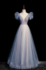Blue V-Neck Tulle Long Prom Dress with Beaded, Elegant A-Line Formal Evening Dress