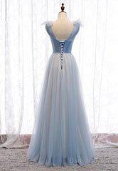 Blue V-Neck Tulle Long Prom Dresses, A-Line Evening Dresses