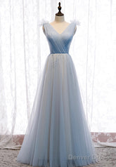 Blue V-Neck Tulle Long Prom Dresses, A-Line Evening Dresses