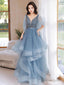 Blue V Neck Tulle Sequin Long Prom Dress, Blue Long Prom Dresses