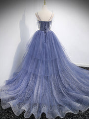 Blue V Neck Tulle Sequin Long Prom Dress, Blue Tulle Formal Dress