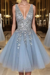 Blue v neck tulle sequin short prom Dresses, blue homecoming Dresses