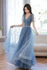 Blue V-Neck Tulle Sequins Long Prom Dress, A-Line Evening Party Dress