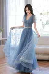 Blue V-Neck Tulle Sequins Long Prom Dress, A-Line Evening Party Dress
