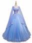 Blue V-neckline Prom Dresses with Long Sleeves, Lace Applique Party Dresses For Teen