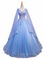 Blue V Neckline Prom Dress with Long Sleeves, Lace Applique Prom Dresses For Teen