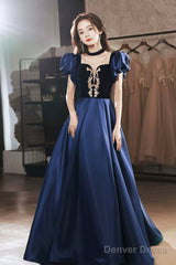 Blue Velvet And Satin Floor Length Prom Dress, Elegant Short Sleeve Evening Party Dress