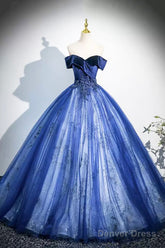 Blue Velvet And Tulle Long Prom Dress, Elegant Off The Shoulder Party Dress