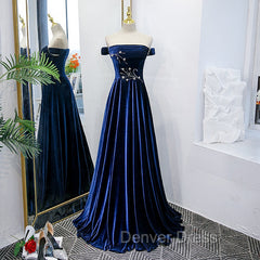 Blue Velvet Beaded Elegant Off Shoulder Evening Dresses, Blue Long Prom Dresses Party Dresses