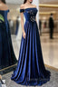 Blue Velvet Beaded Elegant Off Shoulder Evening Dresses, Blue Long Prom Dresses Party Dresses