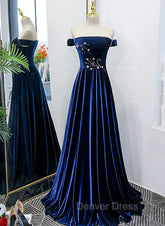 Blue Velvet Beaded Elegant Off Shoulder Evening Dresses, Blue Long Prom Dresses Party Dresses