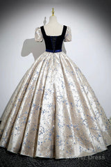 Blue Velvet Floor-Length Printing Prom Dresses, A-Line Short Sleeve Evening Formal Dresses
