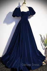 Blue Velvet Floor Length Prom Dresses, Elegant Short Sleeve Evening Party Dresses