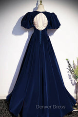 Blue Velvet Floor Length Prom Dresses, Elegant Short Sleeve Evening Party Dresses