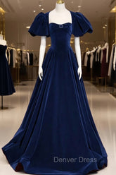 Blue Velvet Floor Length Prom Dresses, Elegant Short Sleeve Evening Party Dresses