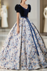 Blue Velvet Floor Length Prom Dresses with Short Sleeve, Blue V-Neck Formal Evening Dresses