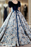 Blue Velvet Floral Long Ball Gowns, A Line Short Sleeve Prom Dresses