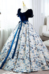Blue Velvet Floral Long Ball Gown, A-Line Short Sleeve Formal Evening Dresses