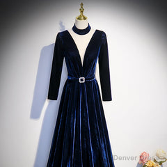 Blue Velvet Long Sleeves Floor Length Wedding Party Dress, Blue Formal Gown