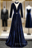 Blue Velvet Long Sleeves Floor Length Wedding Prom Dresses, Blue Prom Gowns