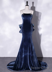 Blue Velvet Mermaid Straps Low Back Party Dress With Bow, Blue Long Evening Dress