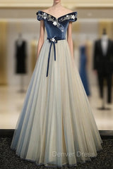 Blue Velvet Off the Shoulder Beading Prom Dresses