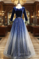 Blue Velvet Sequins Short Sleeve Prom Dresses