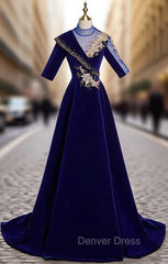 Blue Velvet Short Sleeve High Neck Appliques Prom Dresses