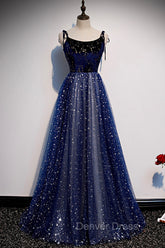 Blue Velvet Tulle Long A-Line Prom Dresses, Blue Spaghetti Straps Evening Dresses