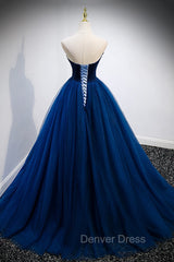 Blue Velvet Tulle Long A-Line Prom Dresses, Blue Strapless Formal Evening Dresses
