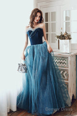 Blue Velvet Tulle Long Formal Evening Dresses, A-Line Graduation Dresses