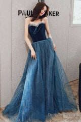 Blue Velvet Tulle Long Formal Evening Dresses, A-Line Graduation Dresses