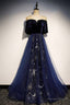 Blue Velvet Tulle Long Prom Dress, A Line Blue Prom Dresses
