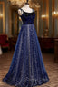 Blue Velvet Tulle Long Prom Dress, A Line Prom Dresses