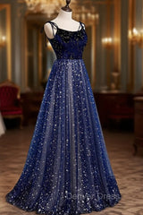 Blue Velvet Tulle Long Prom Dresses, A-Line Evening Party Dresses