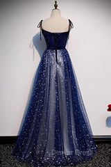 Blue Velvet Tulle Long Prom Dresses, A-Line Evening Party Dresses