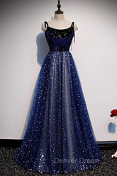 Blue Velvet Tulle Long Prom Dresses, A-Line Evening Party Dresses