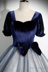 Blue Velvet Tulle Long Prom Dress, A-Line Short Sleeve Evening Party Dress