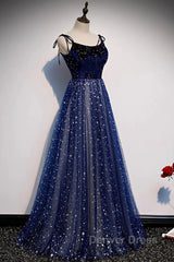 Blue Velvet Tulle Long Prom Dresses, Beautiful A-Line Evening Party Dresses