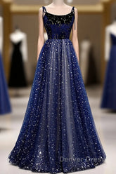 Blue Velvet Tulle Long Prom Dresses, Beautiful A-Line Evening Party Dresses