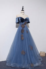 Blue Velvet Tulle Long Prom Dresses, Off The Shoulder Evening Dresses