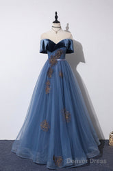 Blue Velvet Tulle Long Prom Dresses, Off The Shoulder Evening Dresses