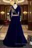 Blue Velvet V Neck Long Sleeve Gold Beading Prom Dresses