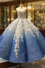 Blue White Ball Gowns 3D Flower Cap Sleeve Haute Couture Prom Dresses