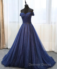 Dark Blue Shining Tulle Long Prom Dresses, Evening Dresses
