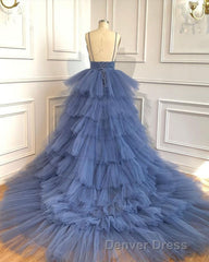 Blue V Neck Tiered Sleeveless Tulle Prom Dresses, Gorgeous Long Party Dresses