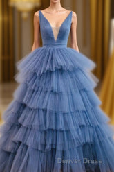 Blue V Neck Tiered Sleeveless Tulle Prom Dresses, Gorgeous Long Party Dresses