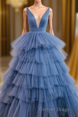 Blue V Neck Tiered Sleeveless Tulle Prom Dresses, Gorgeous Long Party Dresses